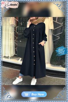 Autumn Casual Women's Cardigan Long Sleeve Stand Collar Large Swing Dress Modest Buttoned Fall Dresses, Modest Buttoned Dresses For Fall, Modest Fall Dresses With Buttons, Winter Button-up Solid Color Dresses, Cotton Button-up Winter Dress, Winter Cotton Button-up Dress, Casual Winter Dresses With Buttons, Navy Blue Sky, Solid Skirt