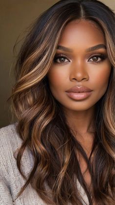 How to Achieve Balayage This Fall? 🍁 Blonde Highlights On Dark Hair Dark Skin, Black Women Brown Highlights, Hair Color Ideas For Light Skin Tones Black Women, Mocha Brown Hair With Highlights Caramel, Mixed Brown Hair, Balayage Hair Tan Skin, Highlights For Curly Hair Natural Curls Ombre Dark Brown Black, Black Woman Highlights, Winter Hair Color Black Women