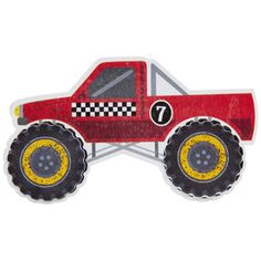 a paper cutout of a red truck with checkered tires and number seven on the front