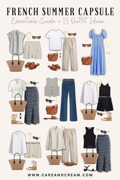 Discover the essentials of a chic French summer capsule wardrobe! Get inspired with 15 French summer outfits that showcase the best of Parisian chic style. Learn about French wardrobe essentials that embody classy, effortless fashion. Plus: French summer style, Parisian capsule wardrobe. Chic Summer Capsule Wardrobe, Outfit Capsule Summer, French Inspired Outfits Summer, Costal Fashion Outfit, Italian Summer Capsule Wardrobe, Ralph Lauren Capsule Wardrobe, Capsule Wardrobe Summer Travel, Capsule Wardrobe 2024 Summer, Summer Outfits 2024 Women