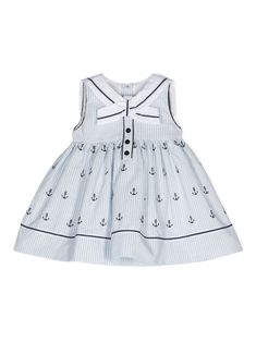 light blue/white/black cotton seersucker texture vertical stripe pattern all-over anchor embroidery striped grosgrain ribbon trim sailor collar front and rear button fastening sleeveless A-line skirt full lining Fall Baby Clothes, Anchor Embroidery, Dress With Jean Jacket, Baby Boy Accessories, Sailor Fashion, Dolce And Gabbana Kids, Sailor Collar, Fall Baby, Ribbon Trim