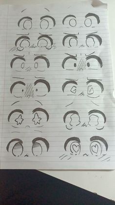 a piece of paper with some drawings of different facial expressions on it, including eyes and eyebrows