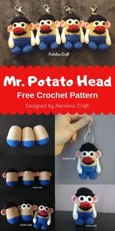 the crochet pattern for mr potato head is shown in several different sizes and colors