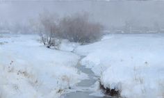 a painting of a stream in the snow