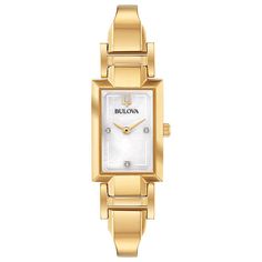 Bulova Goldtone Diamond Accent Women's Half-Bangle Watch  Effortlessly eegant with an angular, jewelry-inspired design, this semi-bangle watch goes toe-to-toe with your bangles and chains for "favorite accessory" status.       Bracelet approx. 8-3/4"L x 5/8"W; fits 7" to 8-1/2" wrist; may be adjusted by a jeweler     Case approx. 7/8"L x 1-1/2"W x 3/8"H     Stainless steel; goldtone     Diamond dot hour markers at 3, 6 and 9 o'clock     Hour, minute hands      Water-resistant to 3ATM - easi Bulova Watches Women, Classic Watch Women, Bangle Watches, Stainless Steel Bangles, Jewelry Clasps, Women Diamond, Classic Gold