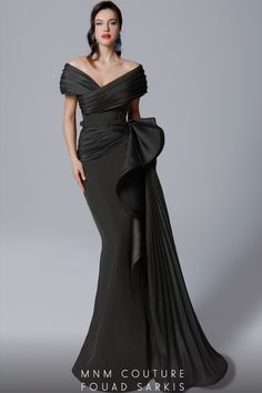 MNM Couture | Fouad Sarkis | 2692 | Elegant Dress - Mother of the Bride Off The Shoulder Couture Gown, Plus Size Gowns Wedding, Cocktail Dress Modest, Fouad Sarkis, Chic Belt, Unique Bridesmaid Dresses, Mnm Couture, Couture Gown, Formal Dresses With Sleeves