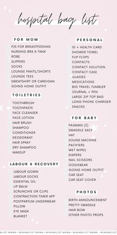 a pink and white list with the words, hospital bag list for mom on it