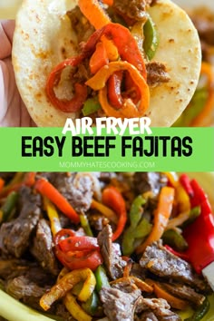 an easy beef fajita recipe with peppers and bell peppers on the side is shown in