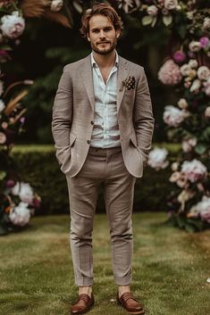 👉 Break Free from the Ordinary: Click the Link to Find Items and Other Outfits that Redefine Cool 👈  ///// Elegant light brown suit with loafers, perfect for stylish summer weddings or formal events. Loafers Summer