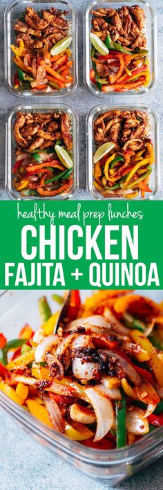 chicken fajita and quinoa meal in plastic containers with text overlay