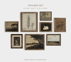 an assortment of framed art is displayed on a white background with the words framed set irish art gallery