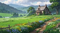 a painting of a house on a hill with flowers in the foreground and mountains in the background