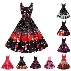 Summer Rockabilly A-line Dresses, Summer Pinup Dresses For Party, Summer Pinup Party Dresses, Summer Party Pinup Dresses, Pink Sleeveless Dress For Valentine's Day, Rockabilly Knee-length Party Dress, Black Rockabilly Dress For Summer, Summer Rockabilly Black Dress, Sleeveless Rockabilly Dress For Party