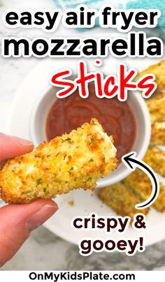 a hand holding a piece of fried mozzarella sticks with the text easy air fryer mozzarella sticks crispy and gooey