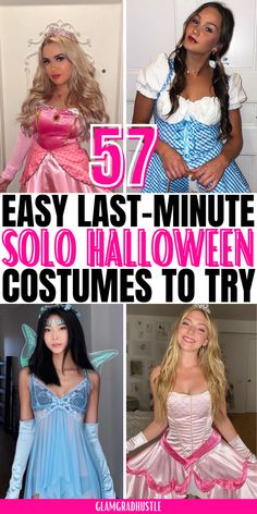 five different costumes for girls with text overlay that reads 53 easy last - minute solo halloween costumes to try