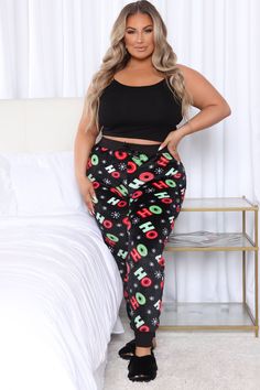 Available In Black/combo. Plush PJ Leggings Perfect For The Holidays! Wide Leg Pant Drawstring Waist Ho Ho Ho Print Full Stretch Disclaimer: Print Placement Will Vary Final Sale 100% Polyester Imported | Ho Ho Ho Plush PJ Joggers in Black size XL by Fashion Nova Pj Leggings, Wide Leg Pant, Print Placement, Ho Ho Ho, Womens Loungewear, Drawstring Pants, Lingerie Sleepwear, Rompers Women, Sweater Shop