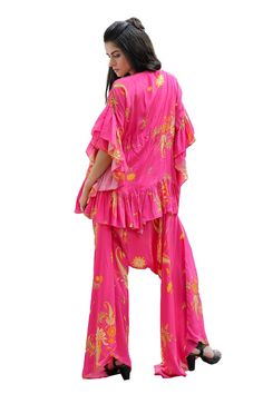 Pink kurta with mirror and shell embroidered neckline and floral print. Paired with a matching dhoti style pant. - Aza Fashions Pink Kurta, Kurta Pant Set, Style Pant, Tunic Pattern, Embroidered Neckline, Kurta With Pants, Cowrie Shell, Pink Outfit, Pant Set