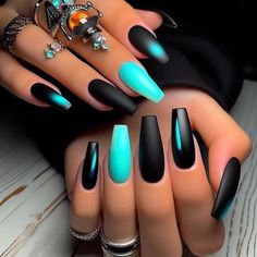 Black Summer Nails 2024, Turquoise And Black Nails, Turquoise Nails, Sassy Nails, Cute Simple Nails, Dope Nail Designs, Manicure Y Pedicure