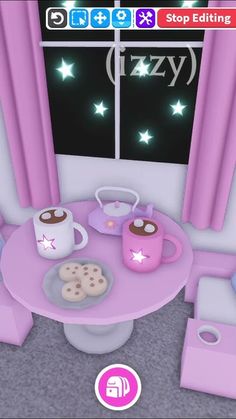 a table and chairs in a room with stars on the window sill above it