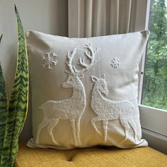 Winter Deer Embroidered Pillow Cover Neutral Holiday Decor, Winter Deer, Holiday Pillows Covers, Rustic Holiday Decor, White Pillow Covers, Embroidered Throw Pillows, Embroidered Pillow Covers, Outdoor Pillow Covers, Christmas Pillows