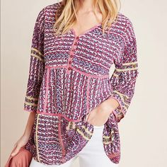 Tunic Top From Anthropologie Loose Fit. Bought To Wear As A Dress But Was A Little Short Nwt!! Pink Printed Rayon Tops, Multicolor Boho Print Rayon Top, Feminine Boho Print Tops For Beach, Spring Patterned Viscose Tops, Pink Boho Print V-neck Tops, Patterned Viscose Tops For Spring, Pink Boho Print Top For Fall, Fall Season Pink Boho Print Top, Peasant Blouses Pattern