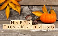 a wooden block with the words happy thanksgiving written on it and two acorns