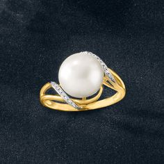 Ross-Simons - 10-10.5mm Cultured Pearl Wave Ring, Diamond Accents in 14kt Yellow Gold. Size 9. Here's a ring for all pearl lovers. A grand 10-10.5mm cultured freshwater button pearl gleams on a curvaceous wave of diamond accents and 14kt yellow gold. White pearl ring. Pearl birthstones are the perfect gift for June birthdays. White Pearl Ring, Pearl Birthstone, Ring Pearl, Wave Ring, Ring With Diamond, Yellow Gold Jewelry, Ring Diamond, Pearl Ring, Cultured Pearls