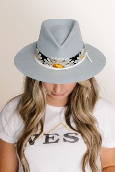 Western 50x in Powder Blue Teardrop crown with flat 3" brim Daisy Flower hand loomed beaded band Elk leather accent band in White Hand stitched Mountain detail This felt hat is made to order, please allow 6-8 weeks for delivery. Adjustable Artisan Hat Bands For Spring, Artisan Adjustable Hat Bands For Spring, Artisan Adjustable Fedora For Spring, Adjustable High Crown Felt Hat For Fall, Handmade Flat Crown Hats, Handmade Hat Bands For Spring, Adjustable Bohemian High Crown Hat Bands, Artisan Adjustable High Crown Felt Hat, Adjustable Artisan High Crown Felt Hat