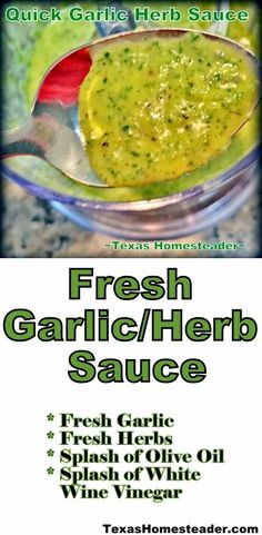 Taste Of Summer: Fresh Garlic/Herb Sauce. ~ Texas Homesteader ~ Olive Oil Garlic Sauce, Pulled Pork Enchiladas, Sauteed Squash, Healthy Sauces, Salad Dressing Recipes Homemade, Homemade Hummus