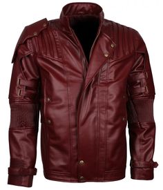 Men's-Maroon-Cosplay-Biker-Faux-Leather-Jacket (6) Fitted Leather Jacket For Cosplay In Winter, Fitted Leather Biker Jacket For Cosplay, Punk Leather Outerwear For Cosplay, Star Lord Cosplay, Maroon Leather Jacket, Faux Leather Jacket Men, Celebrities Leather Jacket, Galaxy 2, Maroon Leather