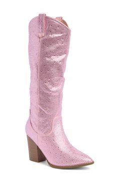 Covered in an array of glistening rhinestones add a boost of glamour to western-inspired boots. Rhinestone embellished pull tabs and a stacked block heel finesse this covetable style. 3 4/5" heel 14 2/3" shaft height Partial side zip closure Imported Guy Shoes, Western Boots Women, Western Boot, Pink Glitter, Western Boots, Boot Shoes Women, Mid Calf, Side Zip, Knee High