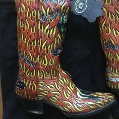 Liberty Boot Company Leather Boots Size 11 M Or 13 W Brand New Comes With Sleeper Bags Length 12 Inches Flame Print Hand Made Multicolor Western Boots With Snip Toe, Western Multicolor Leather Boots, Multicolor Western Leather Boots, Multicolor Leather Western Boots, Yellow Western Leather Boots, Multicolor Leather Boots With Snip Toe, Yellow Leather Boots With Leather Sole, Yellow Leather Boots For Fall, Yellow Western Boots With Round Toe