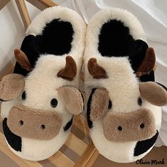 Olivia Mark - Winter Plush Cow Cotton Slippers - Cozy Home Slippers for Warmth with Cartoon Design Cow Slippers, Elegant Wedding Shoes, Cotton Slippers, Gold Slides, Sticker Printer, Cartoon Cow, Black Platform Sandals, Home Slippers, Sticker Maker