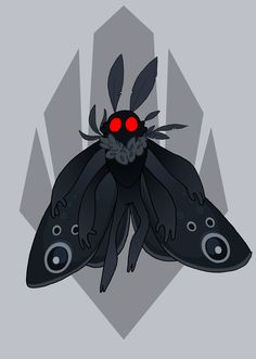 a black insect with red eyes on it's head and two wings, sitting in front of a gray background