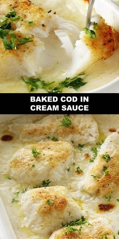 two pictures of baked food in cream sauce