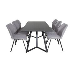 a dining table with four chairs and a black square table on the bottom, in front of a white background