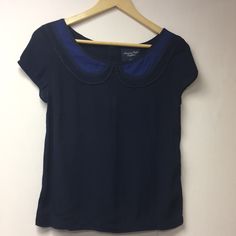 Brand New With Tag American Eagle Blouse. Xs Navy Summer Top With Collar, Elegant Navy Short Sleeve Tops, Chic Navy Short Sleeve Blouse, Navy Top With Collar For Work, Fitted Blue Crew Neck Blouse, Fitted Blue Blouse With Crew Neck, Blue Fitted Tops For Workwear, Blue Fitted Tops For Work, Chic Blue Short Sleeve Tops