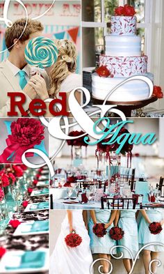 red and aqua wedding theme collage