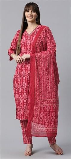 Red and Maroon color Salwar Kameez in Cotton fabric with Printed, Resham, Thread work Red Traditional Wear With Printed Motifs For Navratri, Red Kurta With Printed Motifs For Festive Occasions, Red Straight Kurta With Printed Motifs, Red Straight Kurta Churidar For Navratri, Red Printed Wedding Kurta, Festive Red Kurta With Printed Motifs, Red Wedding Kurta With Printed Motifs, Red Anarkali Set With Bandhani Print, Festive Red Straight Kurta Lawn Suit