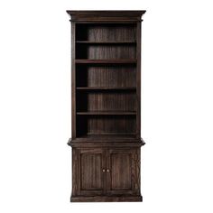 a tall wooden bookcase with two doors and one door open on the bottom shelf