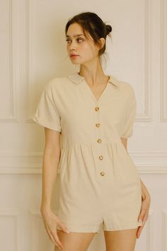 Amara Beige Romper Alternative Wedding Jumpsuit, Roll Up Sleeves, Cinched Waist, Summer Season, Guest Dresses, Jacket Tops, Sweater Jacket, Tortoise, Bridal Dresses