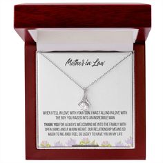 Looking for a gift for the mother of the groom? This necklace with the message card makes a perfect gift for the groom's mother. This is a great gift for mom-in-law to say thank you for raising the man of your dreams and welcoming you to her family. A thoughtful gift for your mother-in-law or groom's mother. This unique gift will be treasured for years to come! It is a beautiful keepsake and a lovely way to say "thank you" on mothers day or give it as a Gift to your MIL during Christmas. Imagine Mother's Day Necklace With Gift Box, Father's Day Personalized Jewelry Gift, Personalized Gift Necklace For Mother's Day In Gift Box, Mother's Day Wedding Necklace With Gift Box, Mother's Day Jewelry Gift For Mom With Gift Box, Mother's Day Wedding Gift Jewelry With Gift Box, Personalized Necklace For Mother's Day With Gift Box, Personalized Gift Necklace For Mother's Day With Gift Box, Mother's Day Hallmarked Jewelry Gift For Mom