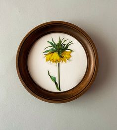 a painting of a yellow flower in a wooden frame on the wall with white background