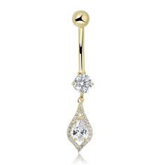 Crafted in warm 10K Yellow Gold, this stunning belly button ring features a teardrop dangle in Simulated Diamond Cubic Zirconia(CZ) surrounded by a frame of petite CZ accents. This 014 gauge belly button ring secures with a golden ball closure and it measures 38mm in length and 7mm in width. This belly button ring comes with a 10K stamp guaranteeing its authenticity. 10K Gold is nickel-free and hypoallergenic making this body jewelry safe and comfortable for people with sensitive skin. Bellybutton Piercings, Teardrop Jewelry, Body Jewelry Piercing, Belly Button Ring, Jewelry Safe, Button Ring, Belly Rings, Belly Button, Piercing Jewelry