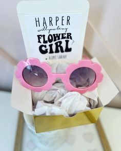 The CUTEST flower shaped sunglasses for your sweet Flower girl! These are the perfect way to ask your Flower Girl to help you on your special day or to gift to her as a thank you gift on the wedding day! You can personalize the card that comes attached to the box at the check out window! With your purchase you receive: 1 Pair of Flower Sunglasses (pink, white, orange and translucent!) 1 Card attached to the box 1 Box (Color of your choice-choose at check out window!) 1 piece of tissue paper THE Cute Customizable Sunglasses For Gift, Pink Personalized Sunglasses For Gift, Personalized Pink Sunglasses As A Gift, Fun Pink Sunglasses For Gift, Pink Plastic Sunglasses As Gift, Adjustable Pink Sunglasses As Gift, Pink Sunglasses As A Gift, Flower Girl Flower, Flower Sunglasses