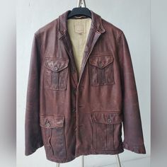 Brown Color. Color Of Actual Item May Look Different From The Picture Because Of Lighting. Pre-Owned Condition. Please See The Pictures, Use Zoom To Closely See Details In The Item. A Heavy Leather Jacket Pockets Lined Retro Long Sleeve Vintage Brown Leather Jacket, Vintage Brown Leather Jacket With Zipper Closure, Vintage Brown Single-breasted Long Sleeve Outerwear, Brown Single-breasted Collared Leather Jacket, Vintage Brown Single-breasted Leather Jacket, Banana Republic, Brown Color, Jackets & Coats, Leather Jacket