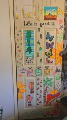 a door decorated with colorful magnets and stickers