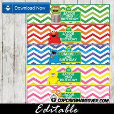 the sesame street birthday banner is displayed on a wooden background with text that reads editable