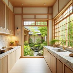 a kitchen with an open door leading to a garden in the back ground and on the far side