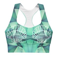 "Mod Mermaid" Sporta Bra  This sports bra is the perfect workout top for exercising. The compression fabric along with double-layered front and shoulder straps ensures great support while running, jumping, or pumping iron. Wear it while exercising or style it as a streetwear top on sunny days! * Compression fabric: 78% polyester, 22% spandex * Sports mesh lining: 92% polyester, 8% spandex * Fabric weight for compression fabric: 8.25 oz/yd² (280 g/m²) and sports mesh lining: 4.42 oz/yd² (150 g/m Contoured Sports Bra With Built-in Padding For Gym, Contoured Sports Bra For Gym, Green Racerback Sports Bra For Light Sports, Fitted Athleisure Bra For Light Sports, Fitted Sports Bra With Moisture-wicking, Contoured Athleisure Sports Bra For Gym, Fitted Green Moisture-wicking Sports Bra, Green Moisture-wicking Sports Bra For Sports, Green Moisture-wicking Racerback Sports Bra